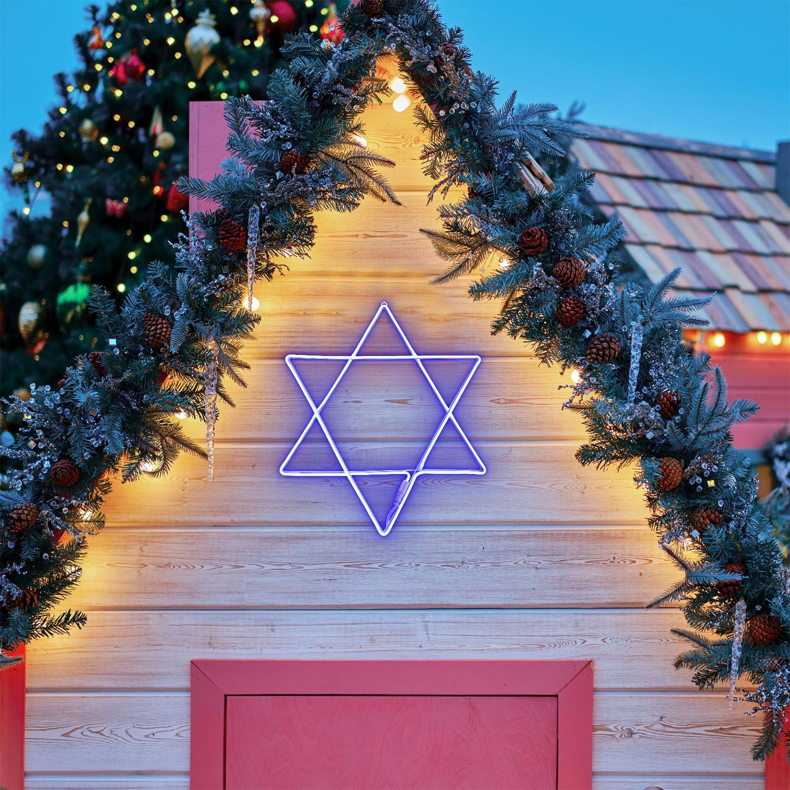 Kittmip 21 Inch Large Hanukkah Decorations Star of David Blue Neon